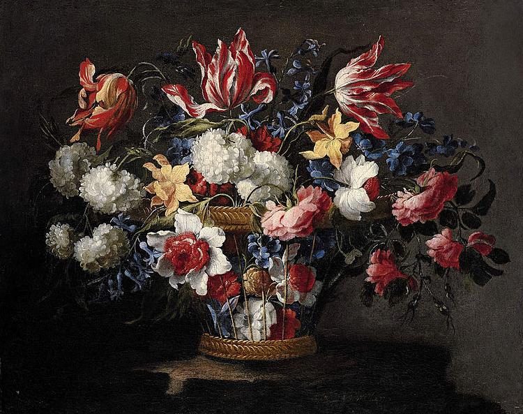 Juan de Arellano roses and other flowers in a wicker basket on a ledge oil painting image